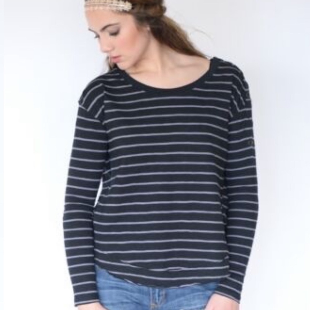 Free People Striped‎ Button Shoulder Long Sleeve Tee Black Grey Size X-Small Top